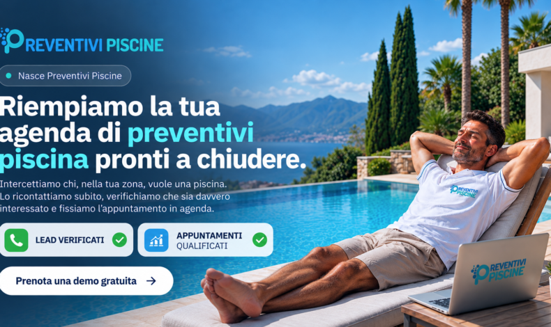 Uomo rilassato a bordo piscina mentre Preventivi Piscine genera lead verificati e appuntamenti qualificati per le aziende del settore.